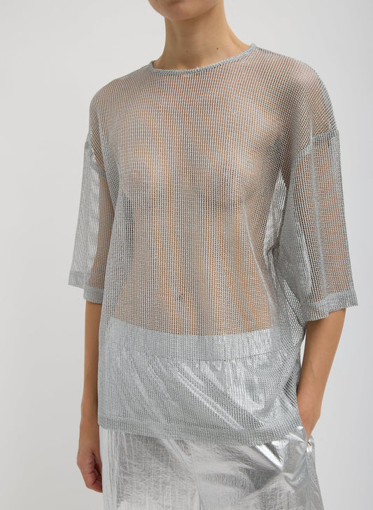 Tibi Silver Viscose Metallic Mesh Easy T-Shirt
