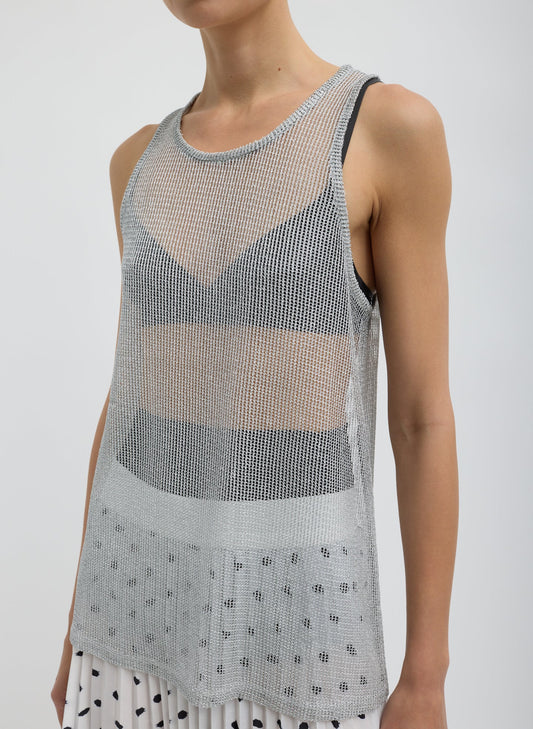 Tibi Silver Viscose Metallic Ribbed Tank