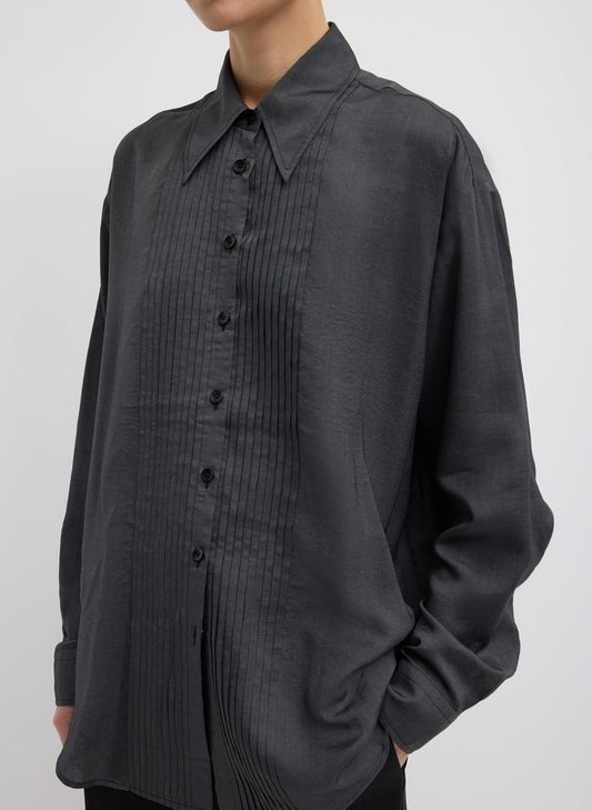 Tibi Graphite Silk Voile Easy Pintucked Shirt
