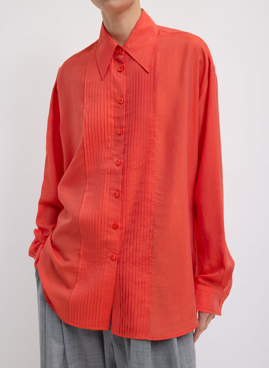Tibi Red Silk Voile Easy Pintucked Shirt