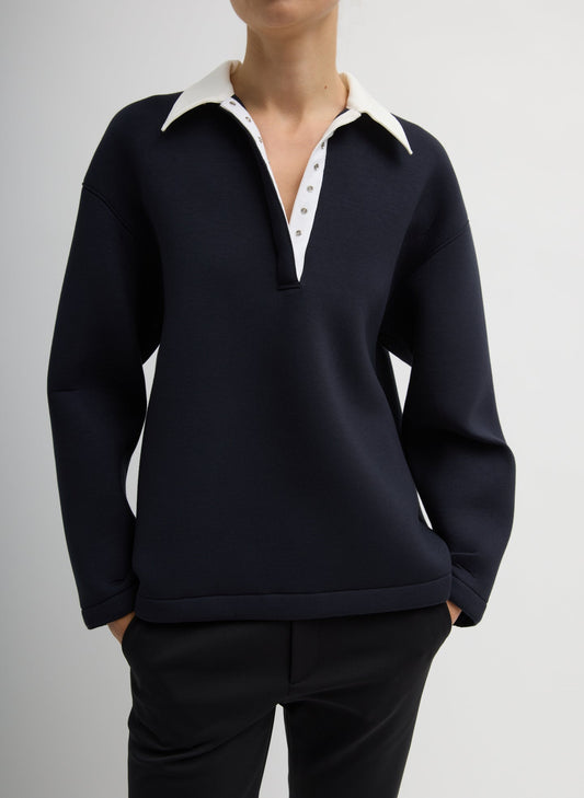 Tibi Dark Navy Bonded Viscose Sculpted Polo