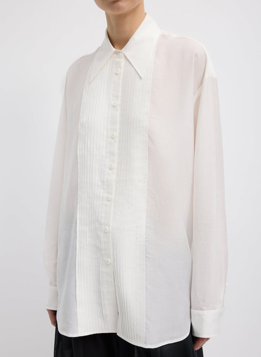 Tibi Ivory Silk Voile Easy Pintucked Shirt