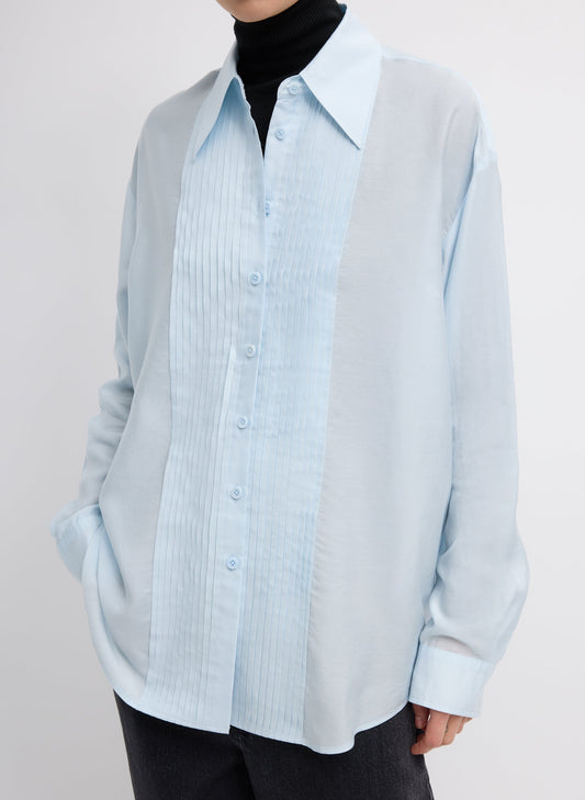 Tibi Ice Blue Silk Voile Easy Pintucked Shirt