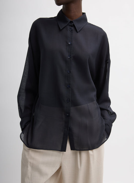 Tibi Navy Sheer Wool Gauze Oversized Shirt
