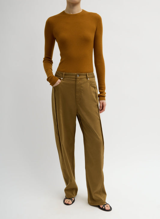 Tibi Dark Tan Garment Dyed Stretch Twill Tuck Pant